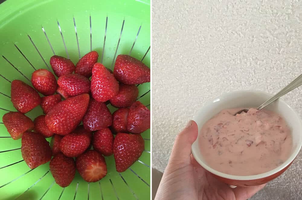 Frische Erdbeeren mit Schlagsahne und Frischkäse. Yum!