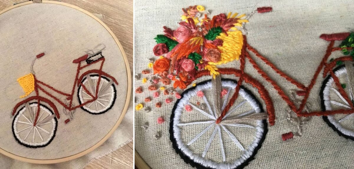 Fahrrad mit Blumenkorb gestickt
